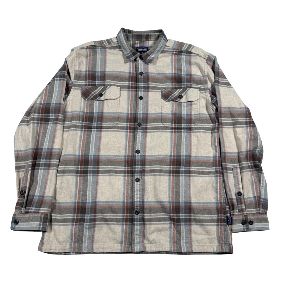 Patagonia Fjord Flannel Shirt Mens XL Tan Blue Plaid Organic Cotton Button Down